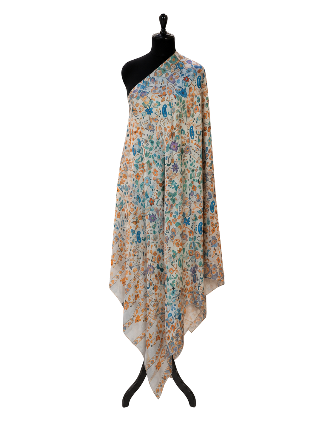 Textile sample displayed on a mannequin in a richly furnished studio