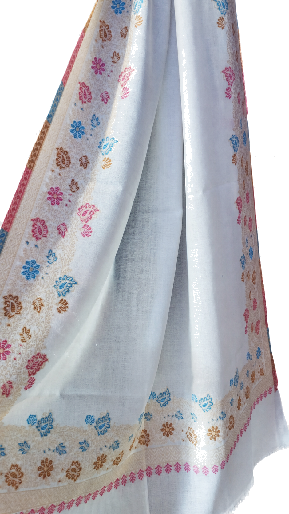 White textile with blue, pink, and gold motifs and a decorative border