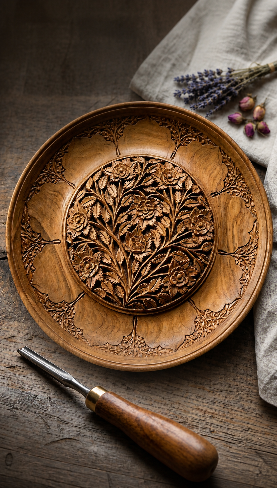 Carved Kashmir walnut tray on a worktable beside a carving tool